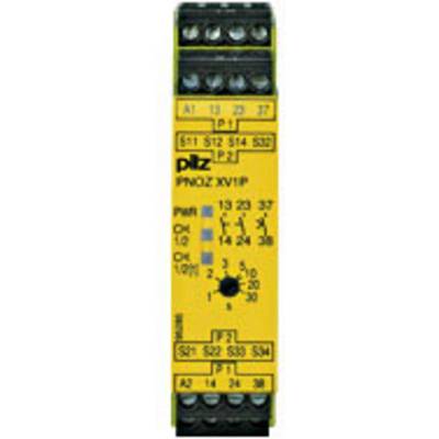 L'image montre un module de relais de sécurité jaune de Pilz, modèle PNOZ XV1P, doté de plusieurs connexions et témoins lumineux.