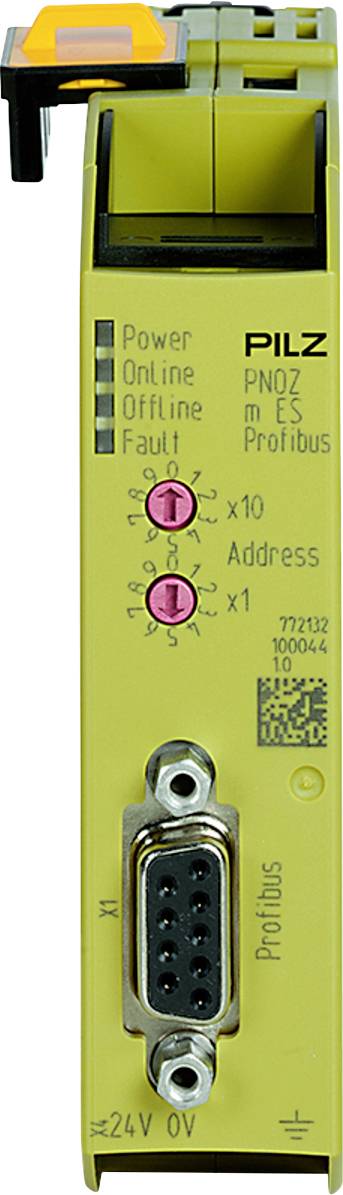 Module PNÖZ jaune avec voyants d'état pour 'Alimentation', 'En ligne', 'Hors ligne', 'Défaut' et réglage d'adresse. Comprend une interface Profibus.