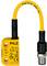 Un capteur jaune portant l'inscription 'PILZ' avec un câble de connexion noir. Le capteur porte des détails techniques imprimés.