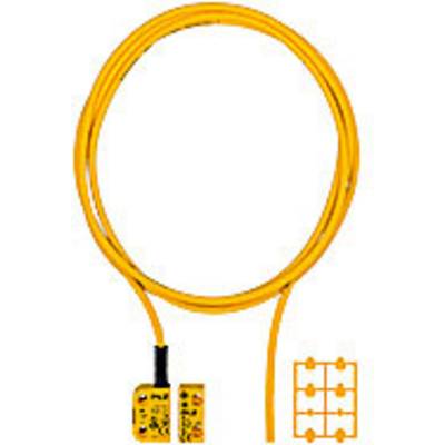Un câble jaune et rond muni de deux connecteurs carrés, avec un petit support rectangulaire à côté.