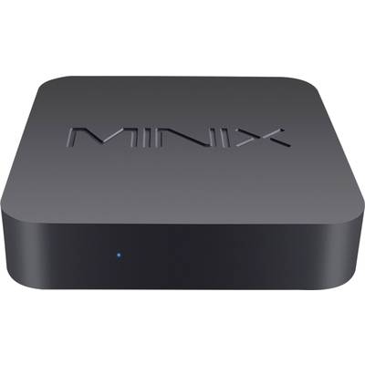 Appareil noir et carré portant l'inscription 'MINIX' sur le dessus. Il possède des angles arrondis et un petit indicateur bleu.