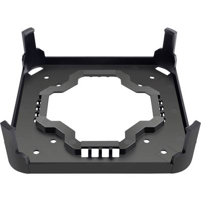 Un support de CPU carré noir en métal avec des coins surélevés, adapté pour la fixation d'un processeur sur une carte mère.