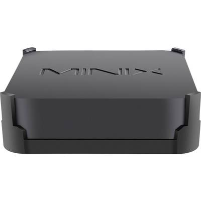 Mini-PC noir Minix avec un boîtier rectangulaire et un logo brillant sur le dessus, adapté aux solutions informatiques compactes.