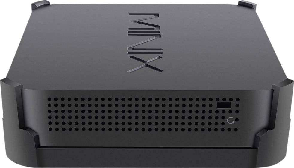 Un mini-PC noir avec l'inscription 'MINIX' sur le dessus, une façade ventilée et un interrupteur d'alimentation.