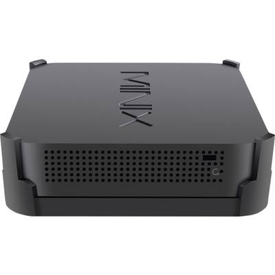Un mini-PC noir avec l'inscription 'MINIX' sur le dessus, une façade ventilée et un interrupteur d'alimentation.