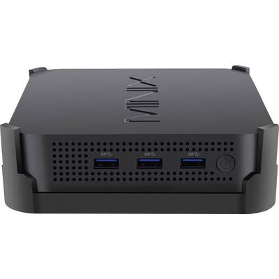 Mini-PC noir avec trois ports USB et un interrupteur marche/arrêt sur la façade avant, nom du fabricant visible en haut.