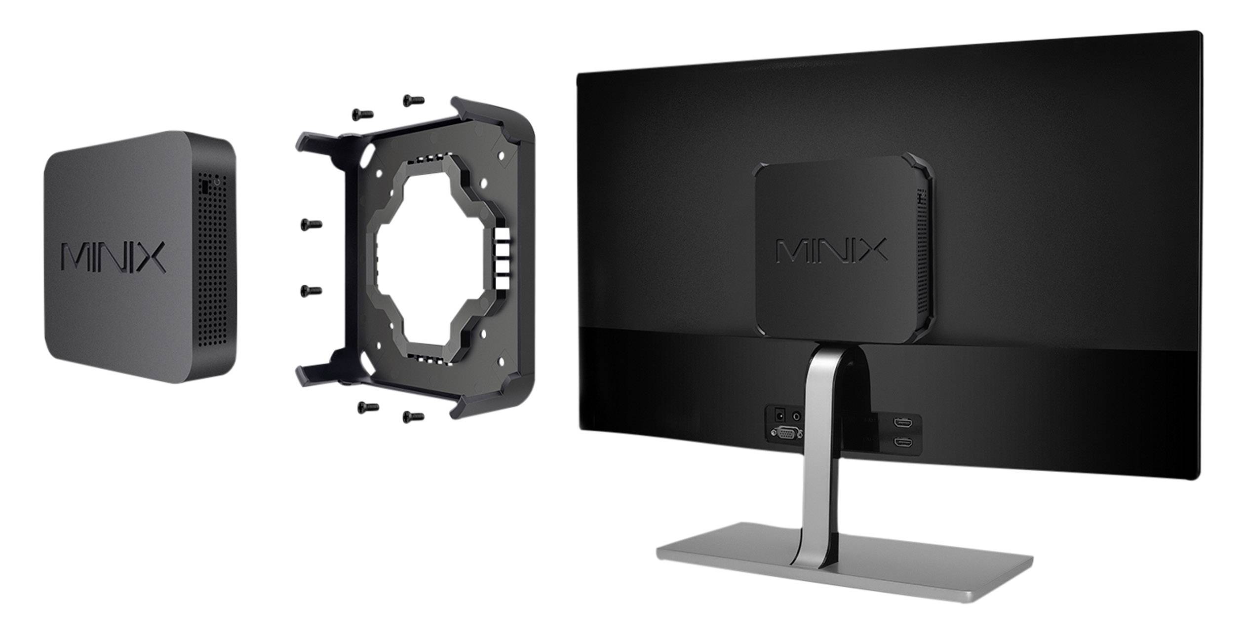 Un écran est placé à droite, et à côté se trouvent un mini-PC Minix et une plaque de montage avec des vis.