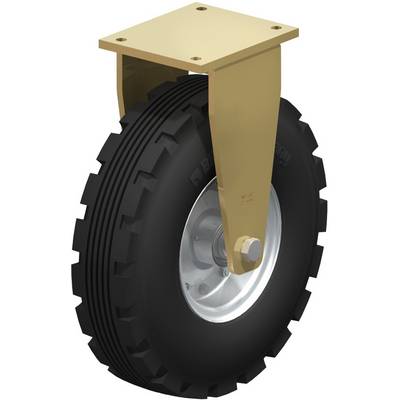 Une roue en caoutchouc noir au profil robuste est fixée sur un support doré, adaptée à une utilisation industrielle.