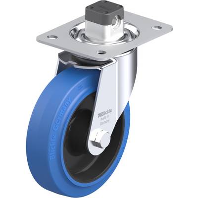 Roue de guidage industrielle à bandage en caoutchouc bleu et boîtier métallique argenté, adaptée aux charges lourdes.