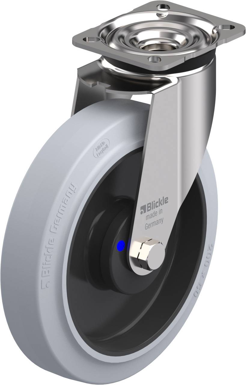 Volant industriel avec revêtement en caoutchouc gris et boîtier métallique brillant, adapté aux charges lourdes.
