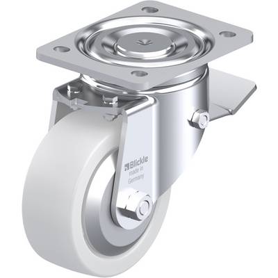 Roulette en métal avec support et boîtier rond, adaptée pour meubles et appareils. Texte imprimé : 'Blickle made in Germany'.