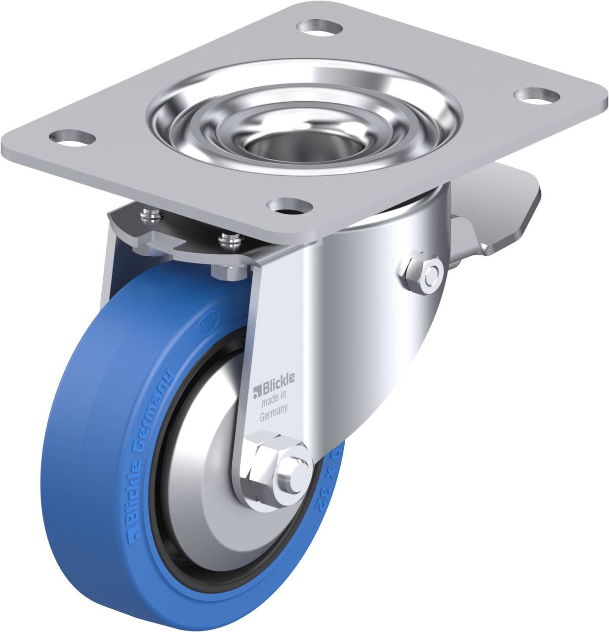 Roulette pivotante avec roue bleue et boîtier métallique, adaptée aux applications industrielles. Support de boîtier pour une stabilité accrue.