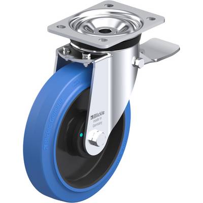 Roulette pivotante avec pneu bleu et plaque de fixation métallique, adaptée aux appareils de transport. Fabriquée en Allemagne.