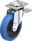 Roulette pivotante avec pneu bleu et plaque de fixation métallique, adaptée aux appareils de transport. Fabriquée en Allemagne.