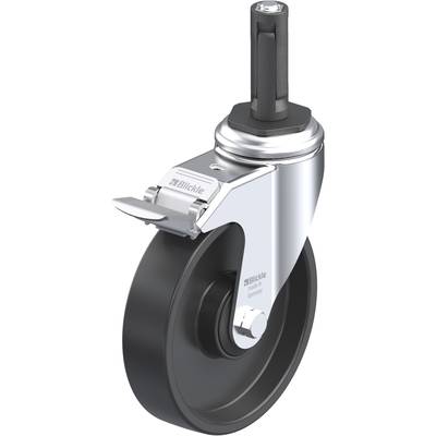 'Roulette pivotante avec boîtier, frein et connexion enfichable, adaptée aux pieds de meubles ou aux appareils légers. Coloris argent et noir.'