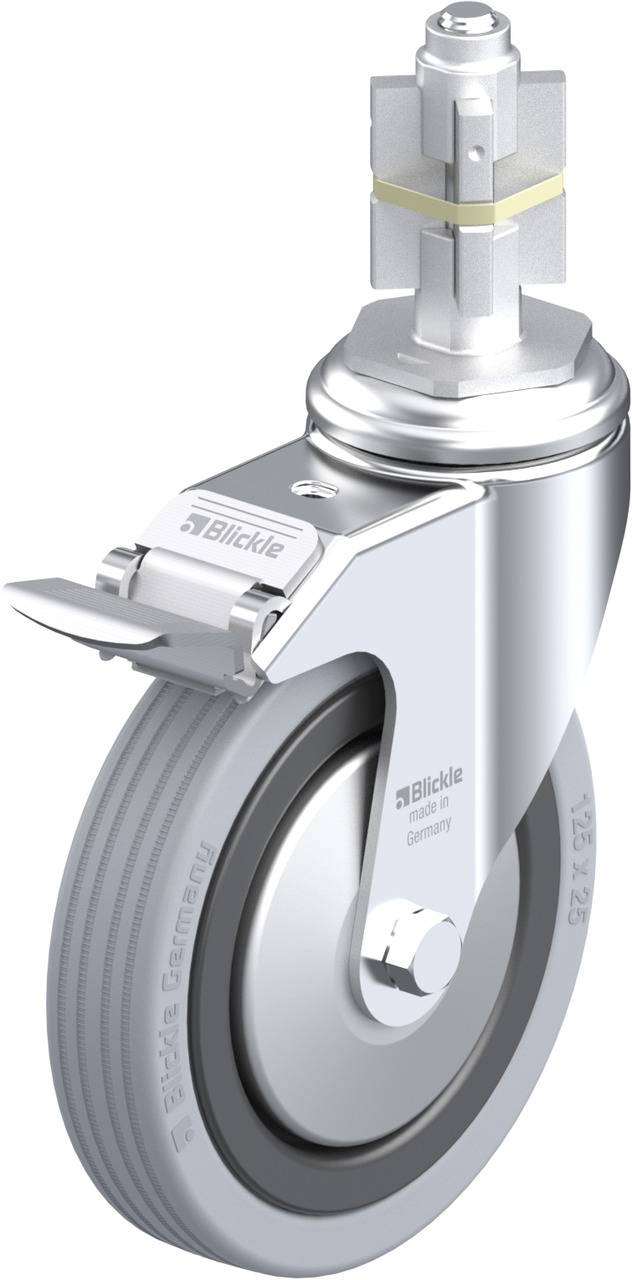 Roulette pivotante avec roue en caoutchouc gris, boîtier métallique et frein. Adaptée aux meubles ou équipements nécessitant de la mobilité.