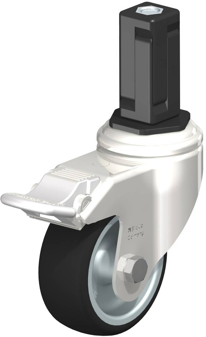 Roulette pivotante avec roue noire et connexion noir, adaptée aux meubles ou appareils. Comprend un frein de blocage.