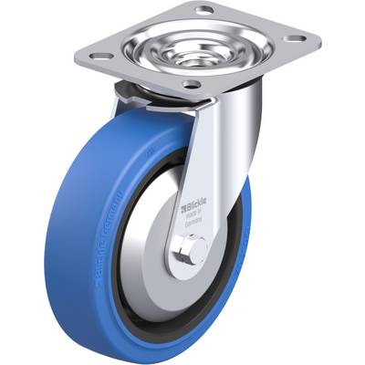 Roulette métallique avec roue en caoutchouc bleu et plaque de fixation pivotante, adaptée pour une utilisation sur des meubles ou des équipements de transport.