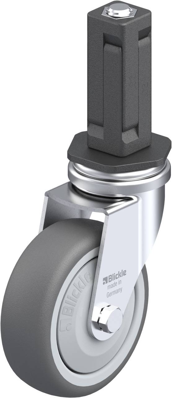 Une roue pivotante avec un pneu en caoutchouc gris et une fourche en métal. Elle dispose d'un axe de fixation rectangulaire et d'une connexion à vis.
