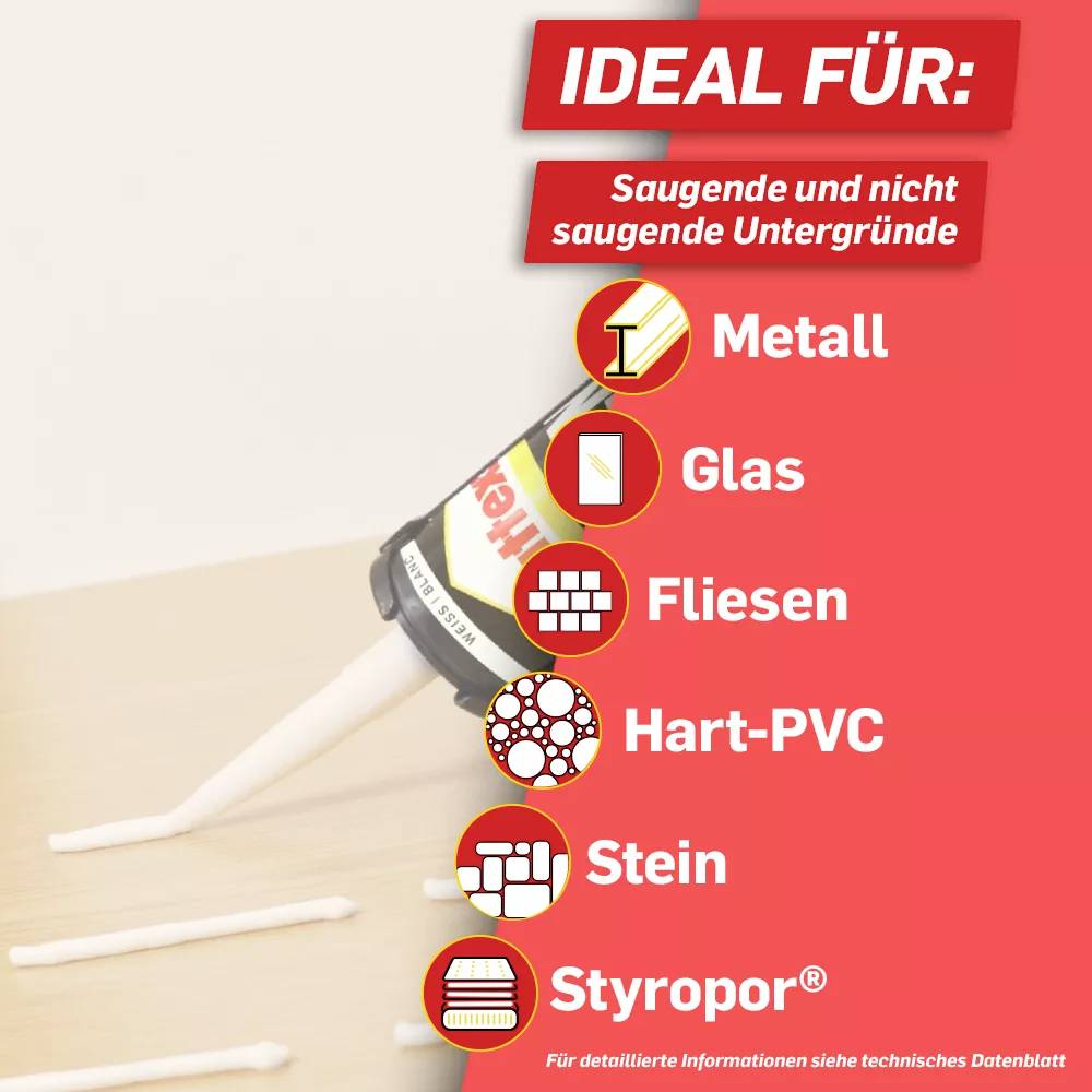 Colle Pattex idéale pour supports absorbants et non absorbants : métal, verre, carrelage, PVC rigide, pierre, polystyrène.