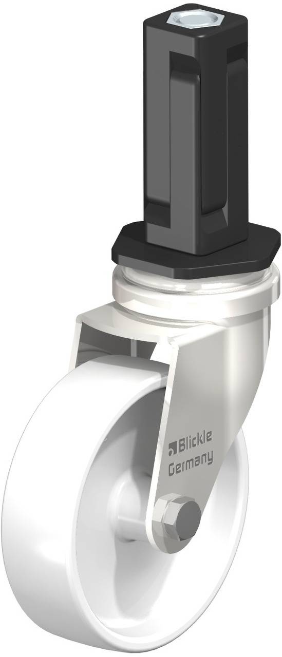 Roulette pivotante avec roue blanche et fixation noire, fabriquée par Blickle Germany. Adaptée aux charges légères à moyennes.