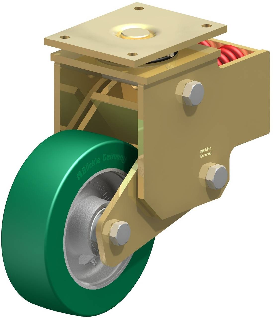 Roulette pivotante en métal avec roue verte, adaptée aux charges lourdes.