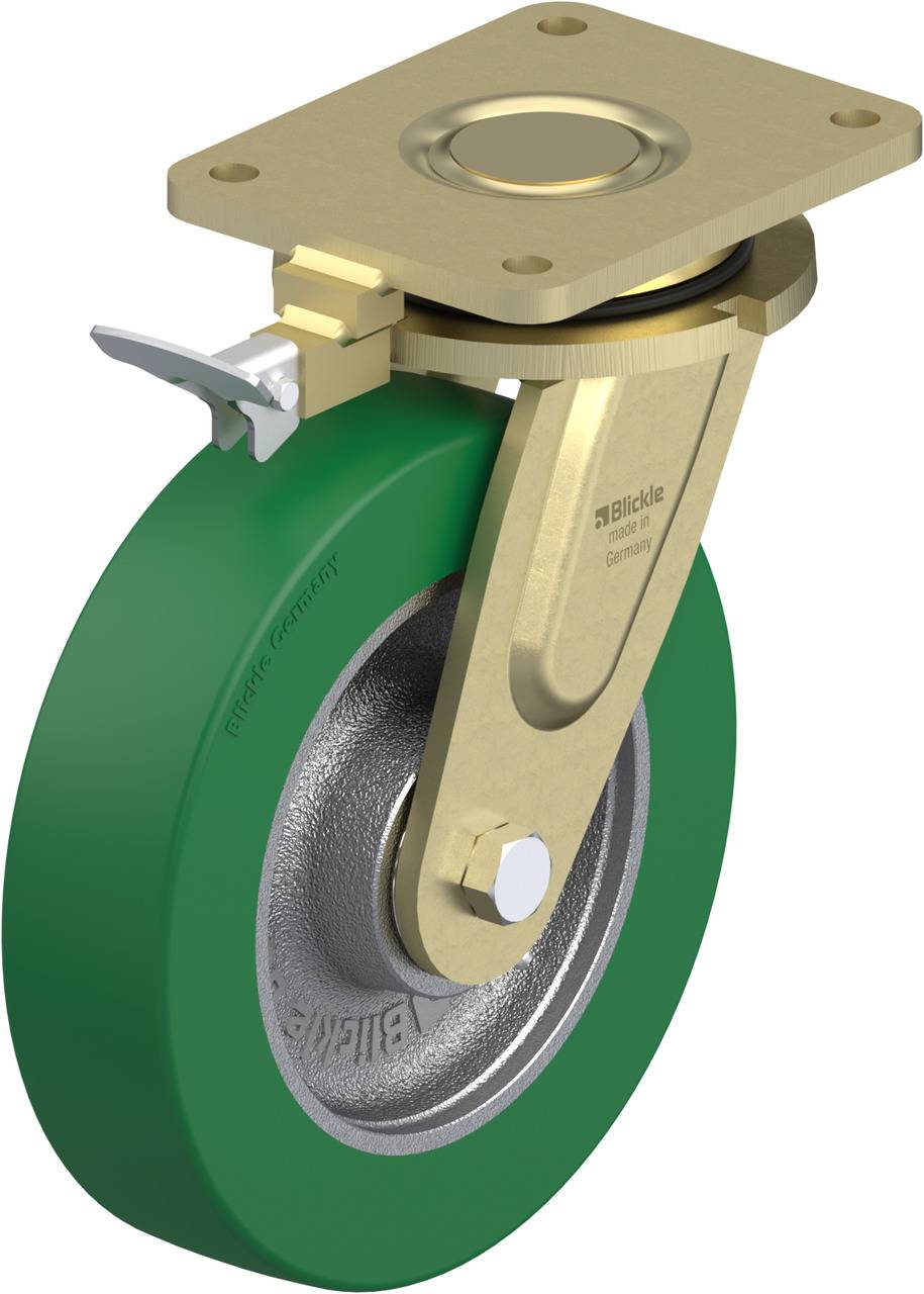 Roue verte avec support et frein dorés. Utilisée dans les chariots de transport ou les meubles pour faciliter le déplacement.