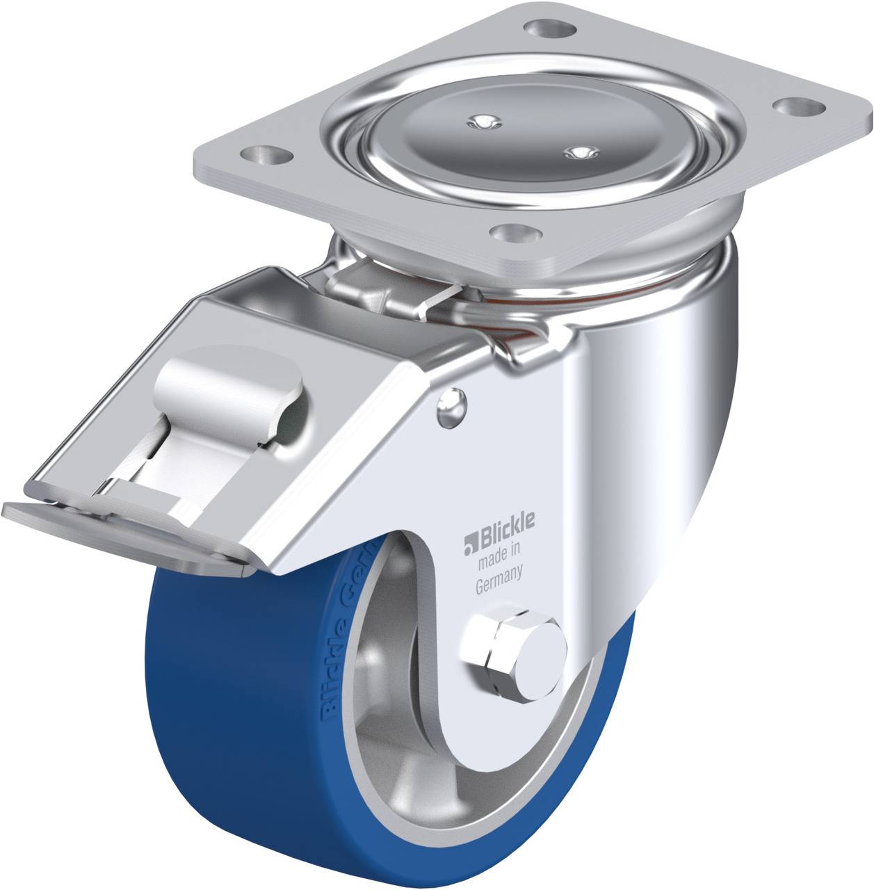 Roulette pivotante en métal avec bandage en caoutchouc bleu et platine de fixation supérieure ; produit de Blickle.