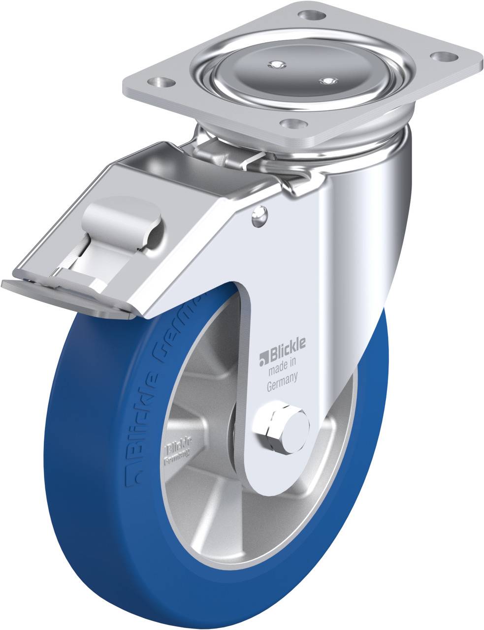Roulette de direction industrielle avec roue bleue et boîtier métallique, pivotante à 360 degrés, fabriquée en Allemagne, adaptée aux machines et chariots.