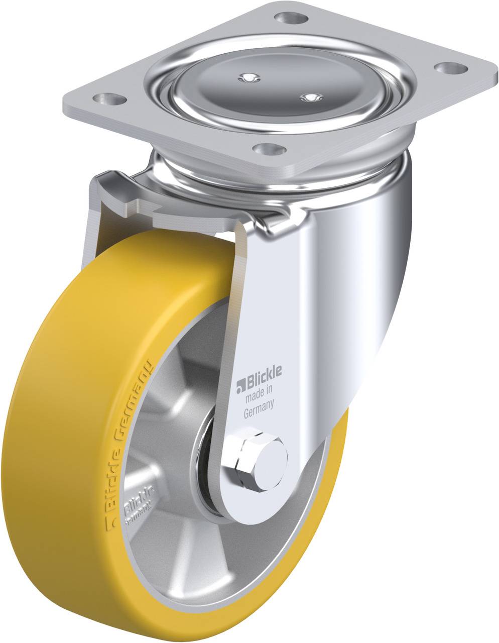 Un rouleau de support métallique pivotant avec une roue en caoutchouc jaune, adapté aux appareils de transport. Fabriqué par 'Blickle' en Allemagne.