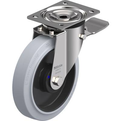 Roulette pivotante avec roue grise et support métallique, adaptée aux charges lourdes. Socle de montage supérieur avec perforations pour la fixation.