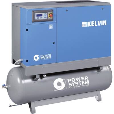 Un compresseur d'air bleu portant l'inscription 'KELVIN' sur le dessus et 'POWER SYSTEM Air Compressors' sur le réservoir gris.