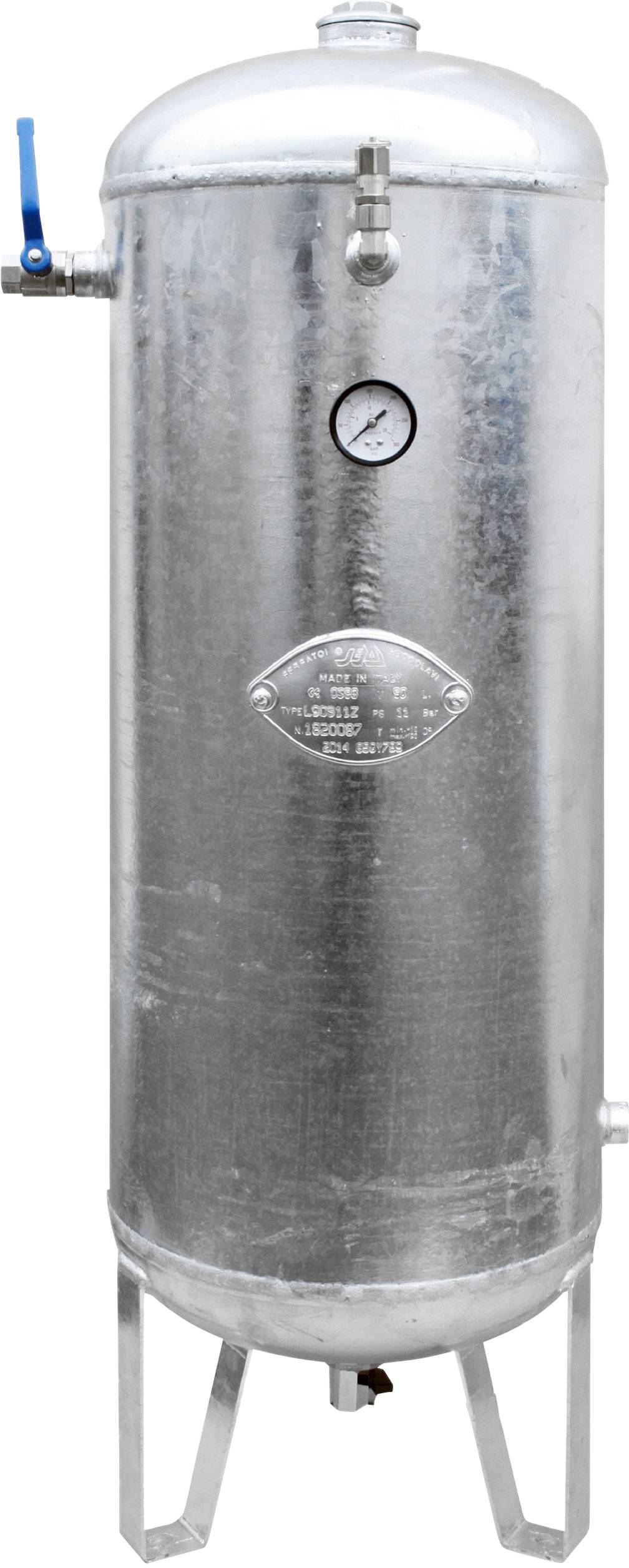 Un réservoir d'air comprimé argenté équipé d'un manomètre et d'une vanne bleue sur le côté. Le réservoir repose sur trois pieds stables.