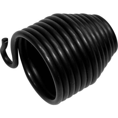 Un ressort en spirale noir en métal avec une pointe recourbée vers l'intérieur, sur un fond blanc.