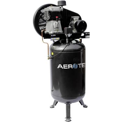 Compresseur d'air industriel noir avec réservoir vertical, de la marque 'Aerotec', montrant les commandes et les proportions adaptées à une utilisation en atelier.