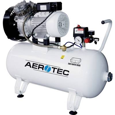 Un compresseur d'air blanc avec un logo AEROTEC. Il contient un manomètre pour indiquer la pression et un réservoir pour le stockage de l'air.