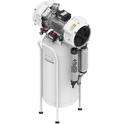 'Compresseur d'air blanc de AirCAD avec plusieurs composants, dont un pressostat, un manomètre et un cylindre, posé sur des pieds stables dans un design industriel.'