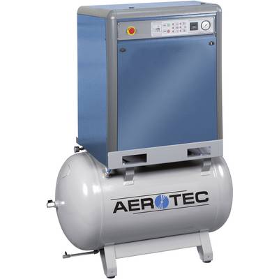 Compresseur bleu et gris sur un réservoir blanc avec le logo 'AEROTEC', adapté aux applications industrielles.