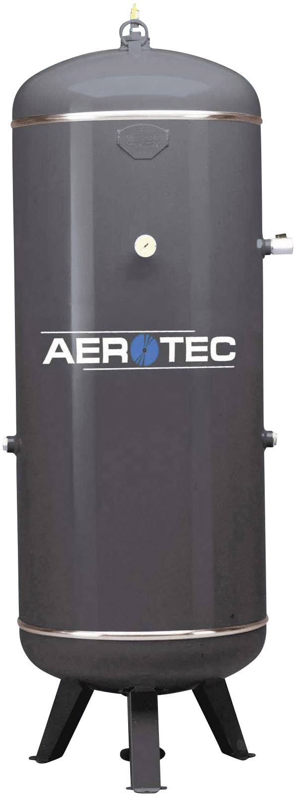 Réservoir cylindrique sombre de compresseur avec l'inscription 'AEROTEC', reposant sur trois pieds, équipé d'une petite soupape en partie supérieure.