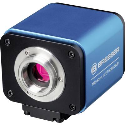 Caméra de microscope de la marque Bresser, modèle MicroCam Pro HDMI avec 5 mégapixels. Corps bleu avec connexion noire et argentée.