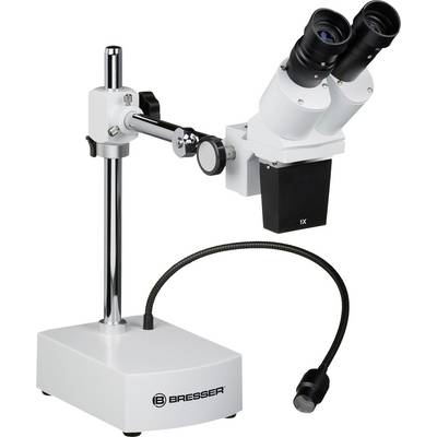 Un microscope stéréoscopique avec deux oculaires et un éclairage flexible à col de cygne sur un support stable. Idéal pour grossir de petits objets.