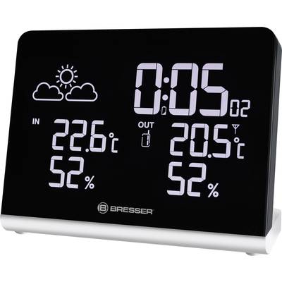Thermomètre et hygromètre numériques. Affiche les températures intérieure et extérieure à 22,6°C et 20,5°C, ainsi que l'humidité relative à 52%. Symbole de soleil et de nuages.