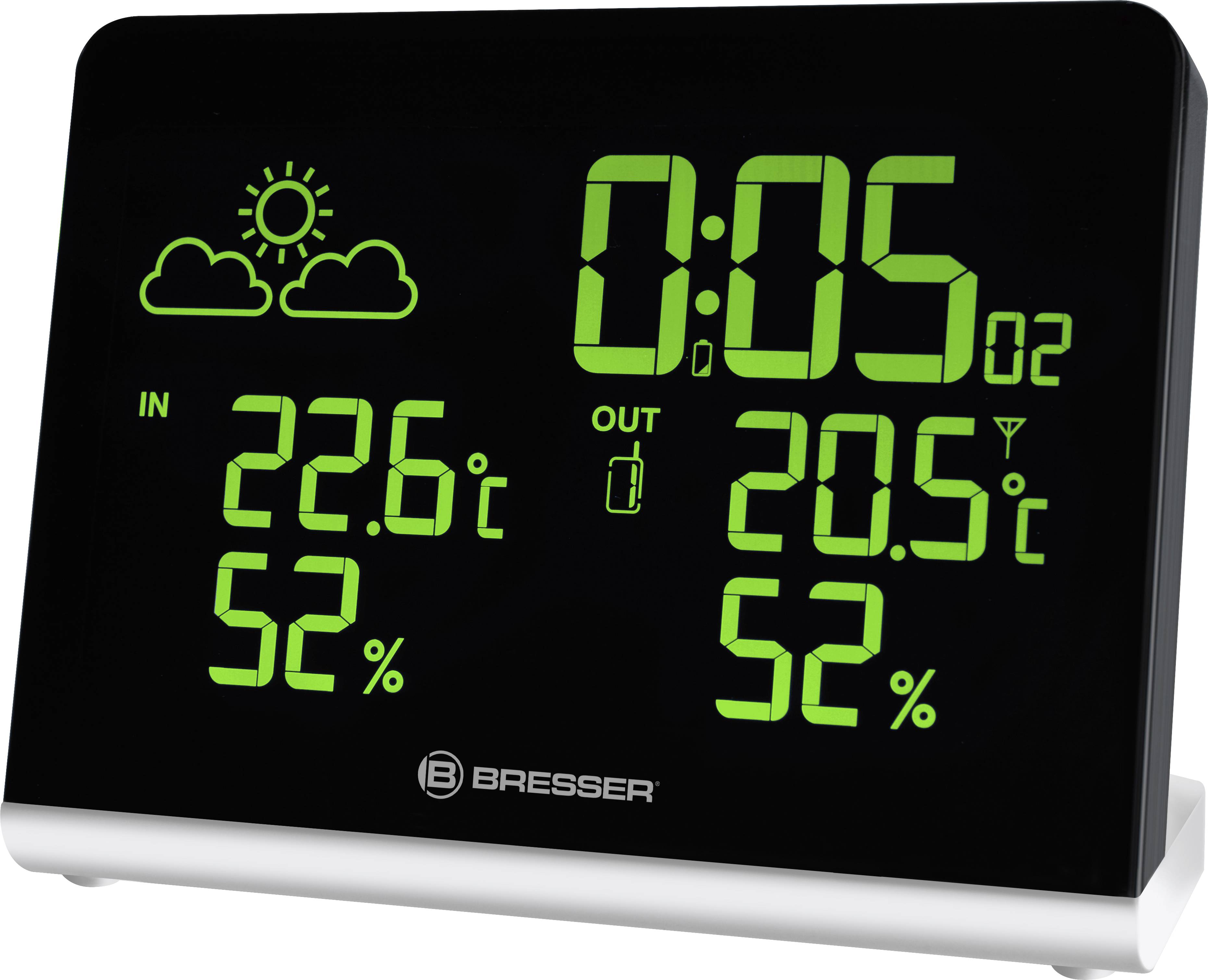 Thermomètre numérique affiche 22,6°C à l'intérieur, 52% d'humidité et 20,5°C à l'extérieur, 52%. Indicateur de niveau de batterie et de force du signal.