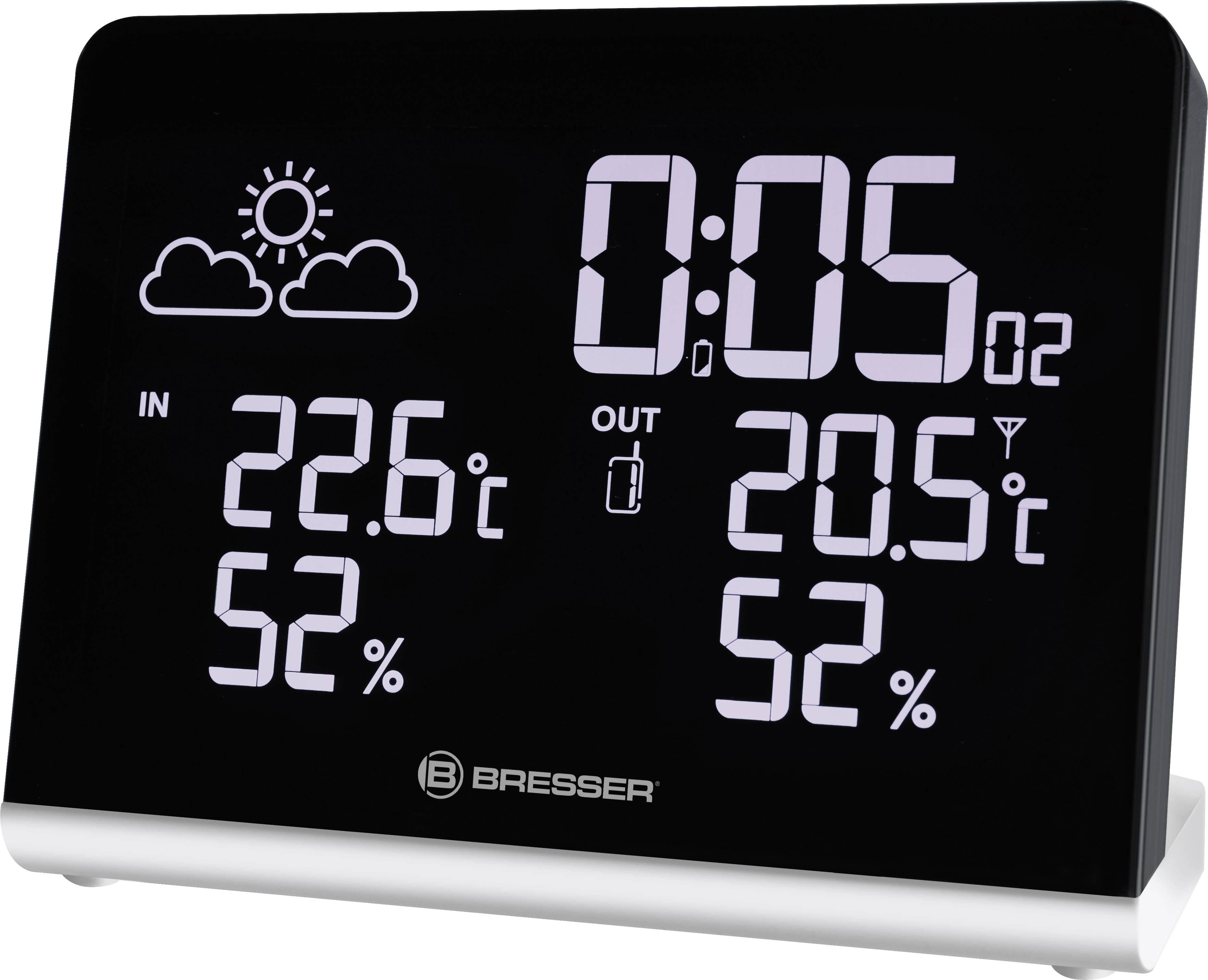 Station météorologique électronique affichant la température intérieure (22,6°C) et extérieure (20,5°C), ainsi que l'humidité relative (52 %).