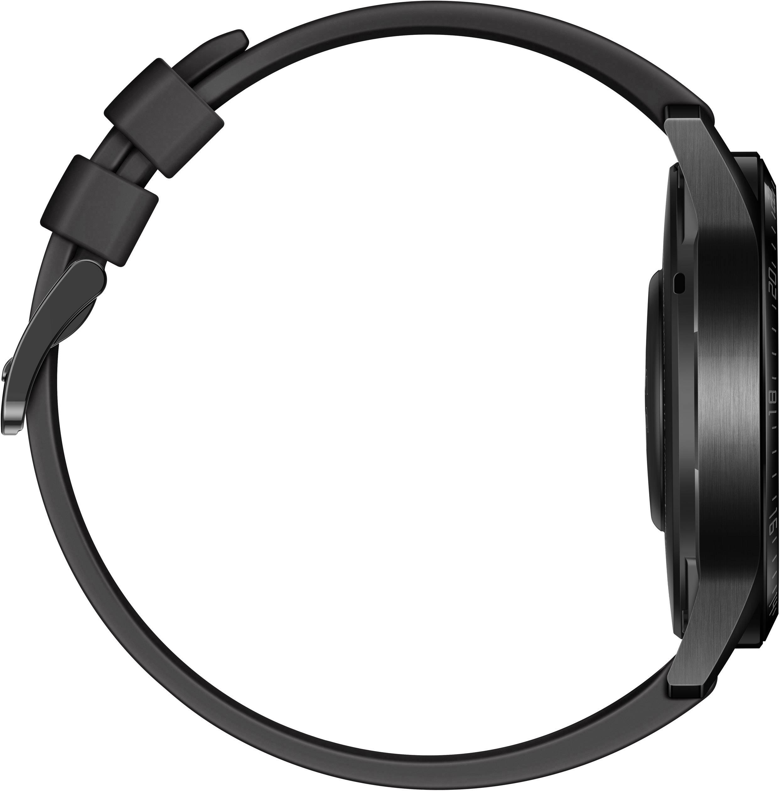 Une montre-bracelet noire, vue de profil, avec un cadran rond et un design épuré et moderne.