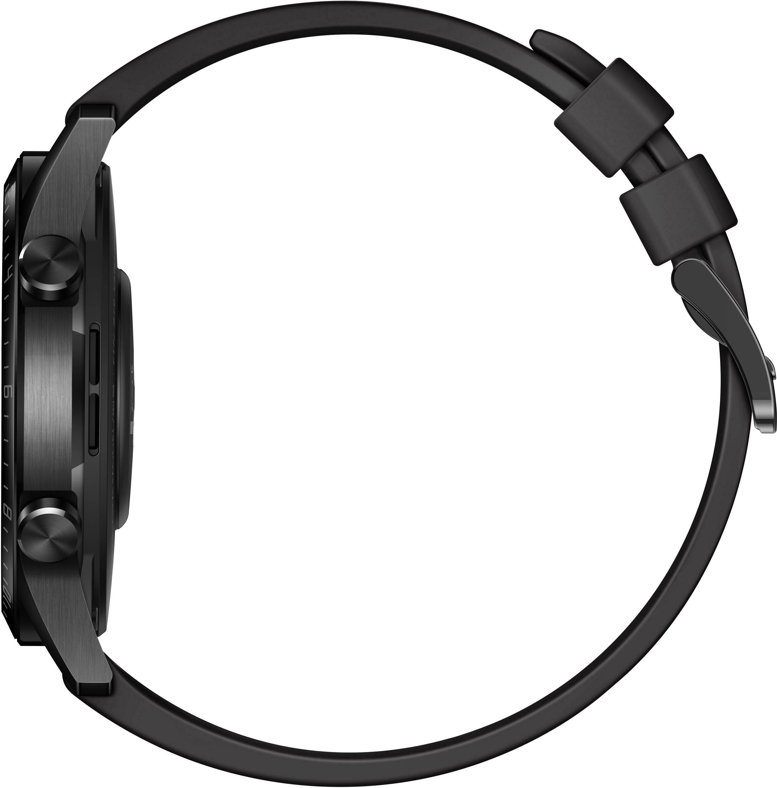 Vue latérale d'une montre-bracelet noire à boîtier rond et deux boutons.