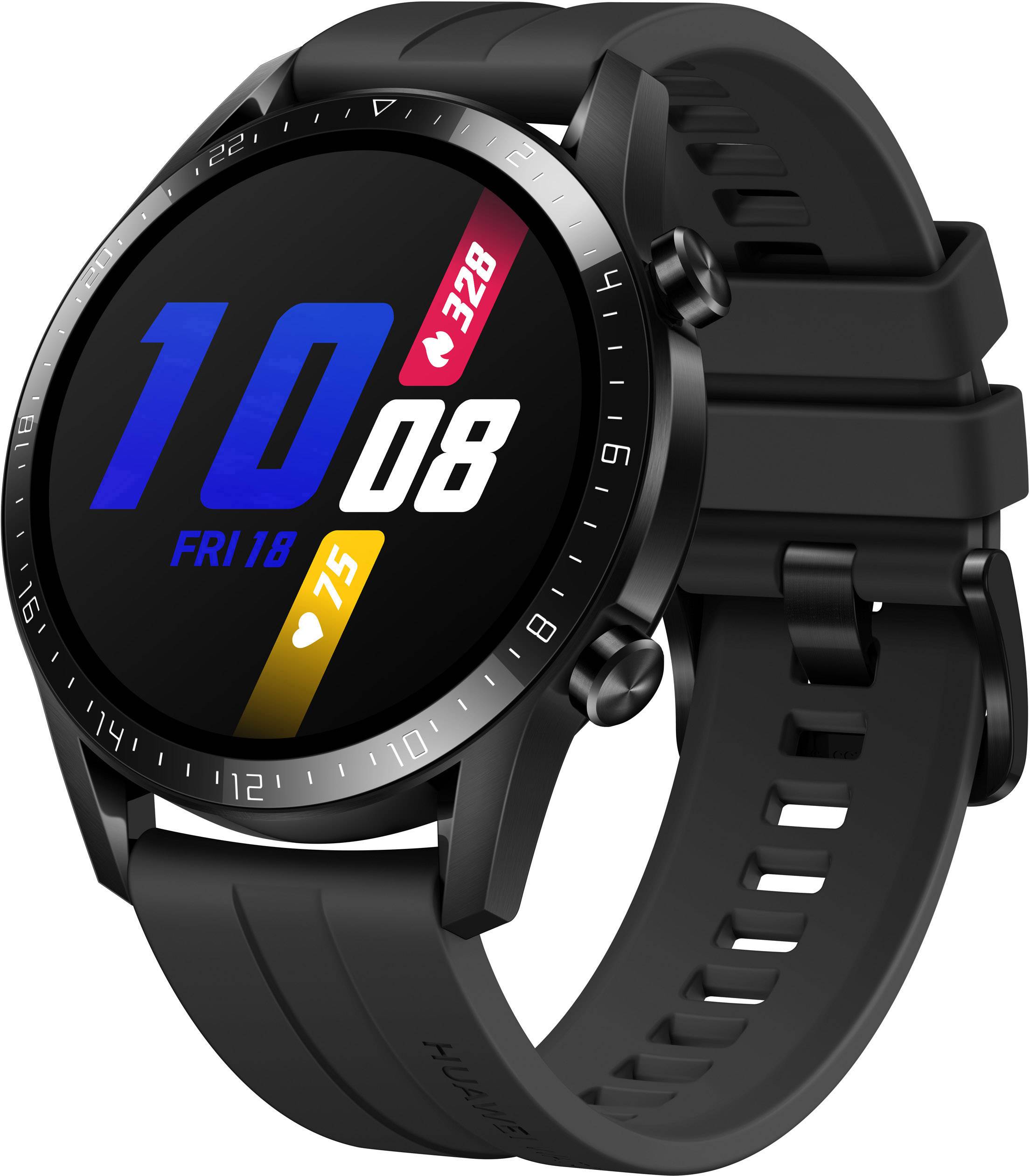 Montre connectée noire à cadran rond affichant l'heure '10:08' et la date 'VEN 18'. Bracelet également noir.