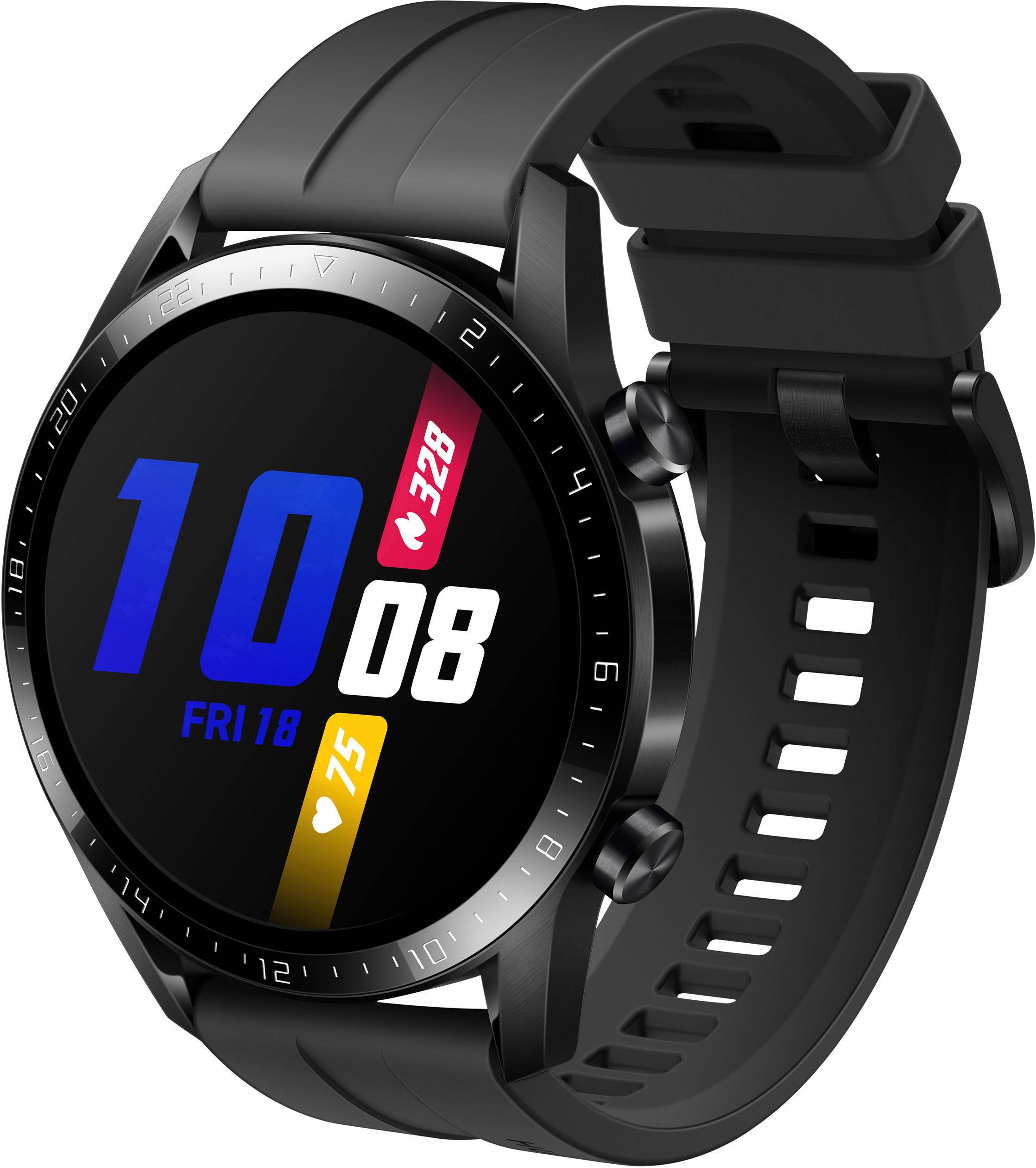 Montre connectée noire à écran rond affichant '10:08', la date et le rythme cardiaque. Le bracelet est noir, au design moderne et sportif.