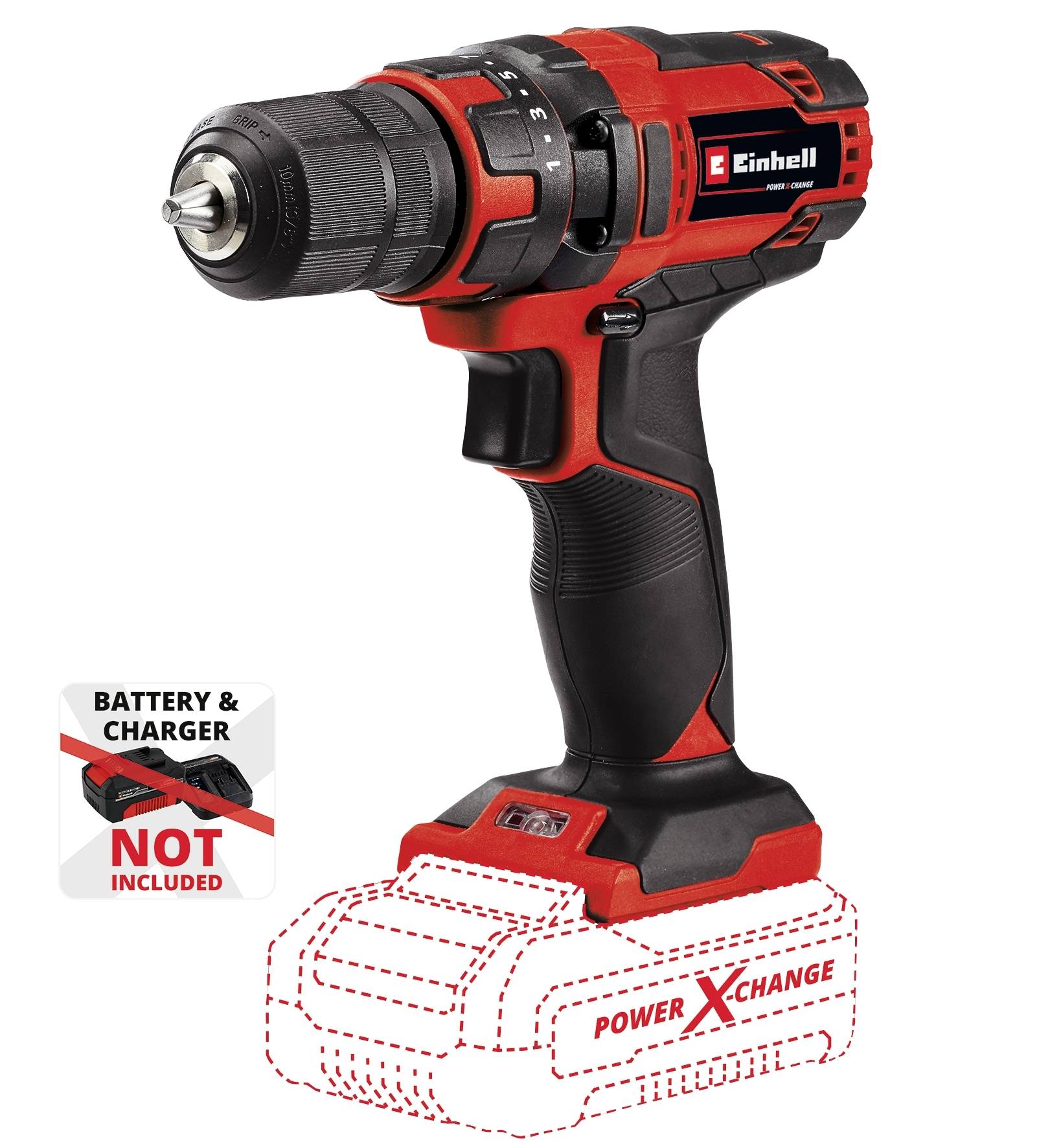 Visseuse-perceuse sans fil en rouge et noir, sans batterie ni chargeur. Idéale pour les travaux de bricolage, affiche le logo de la marque et l'emplacement de la batterie.