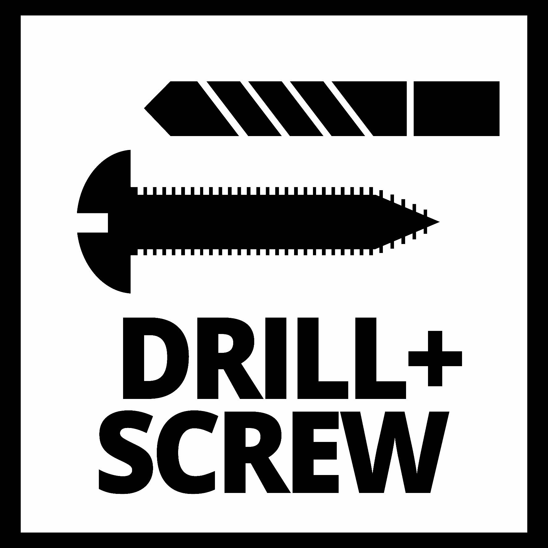 Image symbolique de perçage et de vissage montrant un symbole de perceuse et un symbole de vis superposés, avec le texte 'DRILL+SCREW' en dessous.